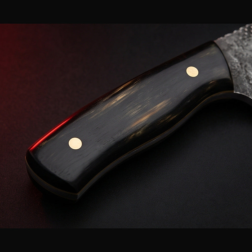 rasp steel bull cutter knife with black horn handle, handle close up