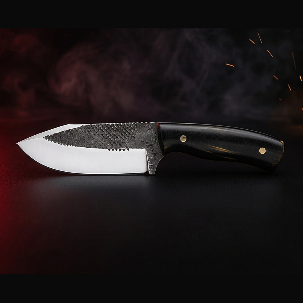 rasp steel bull cutter knife with black horn handle, right side profile