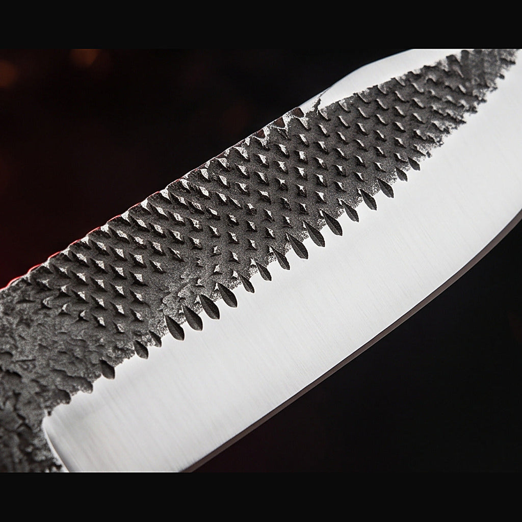 rasp steel bull cutter knife with black horn handle, blade surface macro