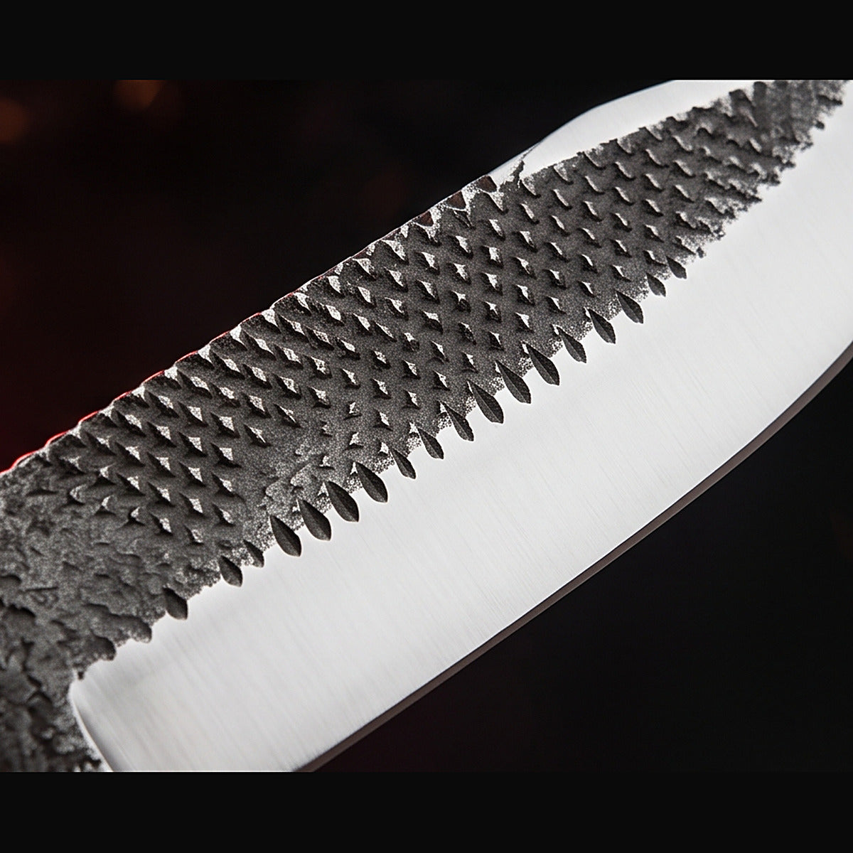 rasp steel bull cutter knife with black horn handle, blade surface macro
