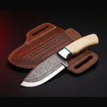 Damascus bull cutter knife with bone and turquoise handle and tooled pancake sheath