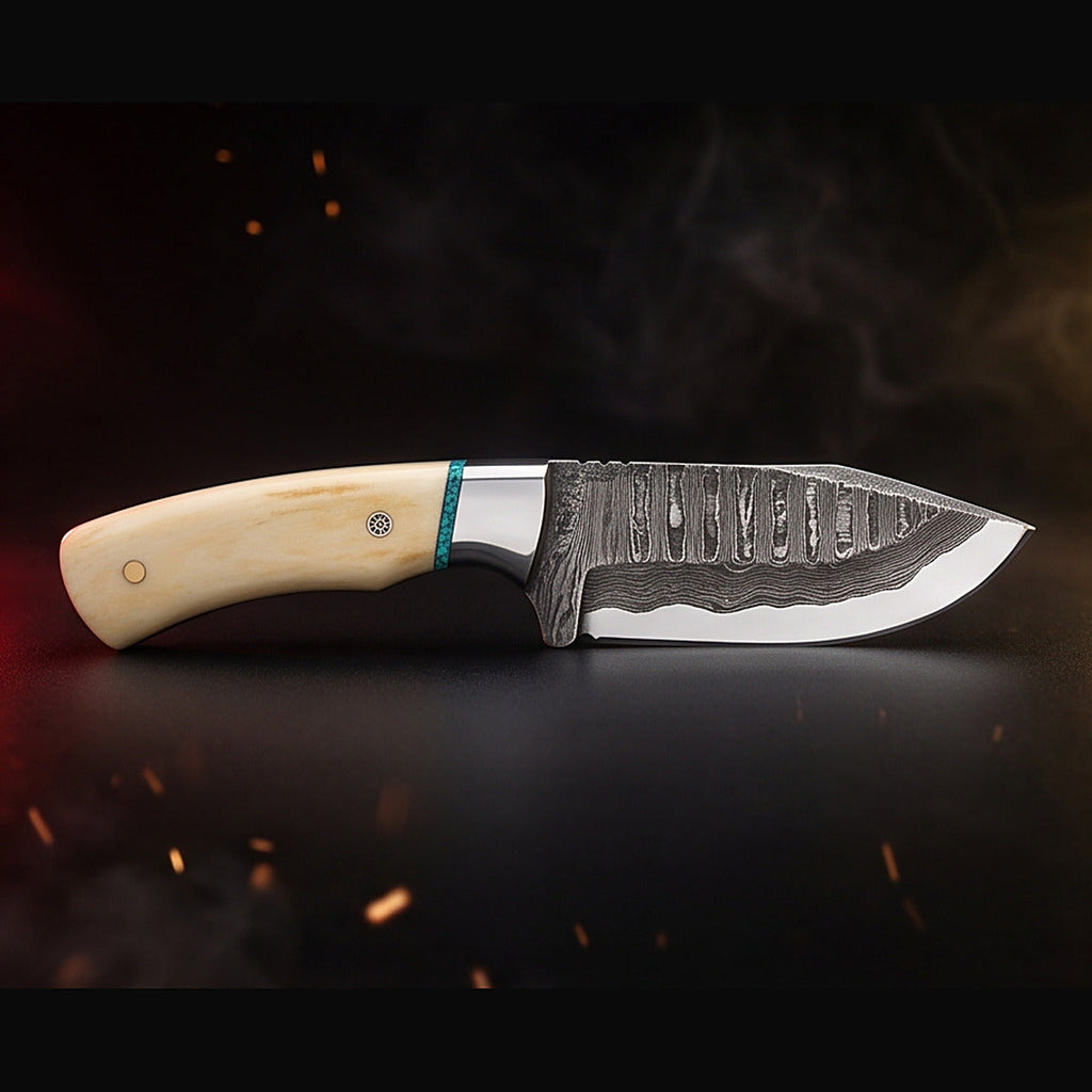 Damascus bull cutter knife with bone and turquoise handle, left side profile