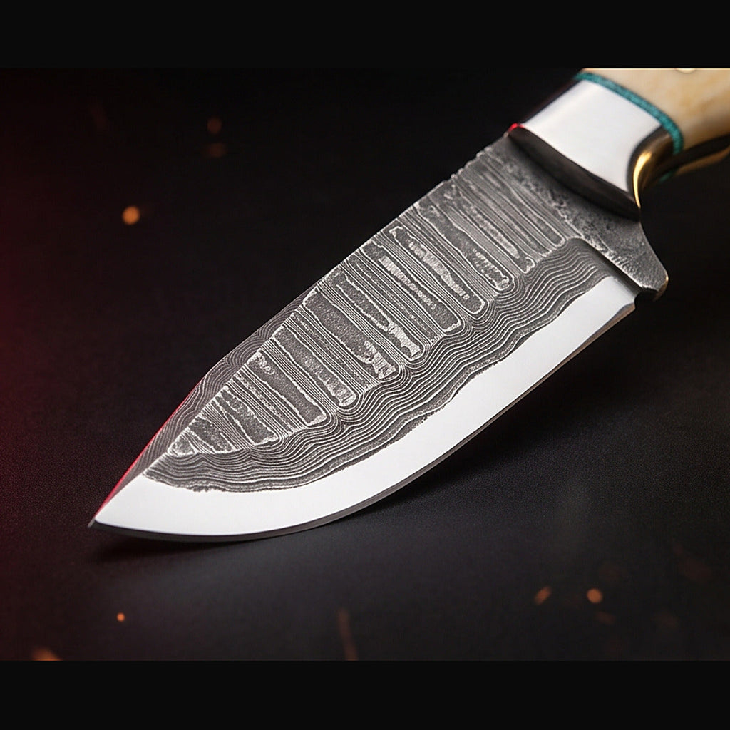 Damascus bull cutter knife with bone and turquoise handle, blade and cutting edge detail