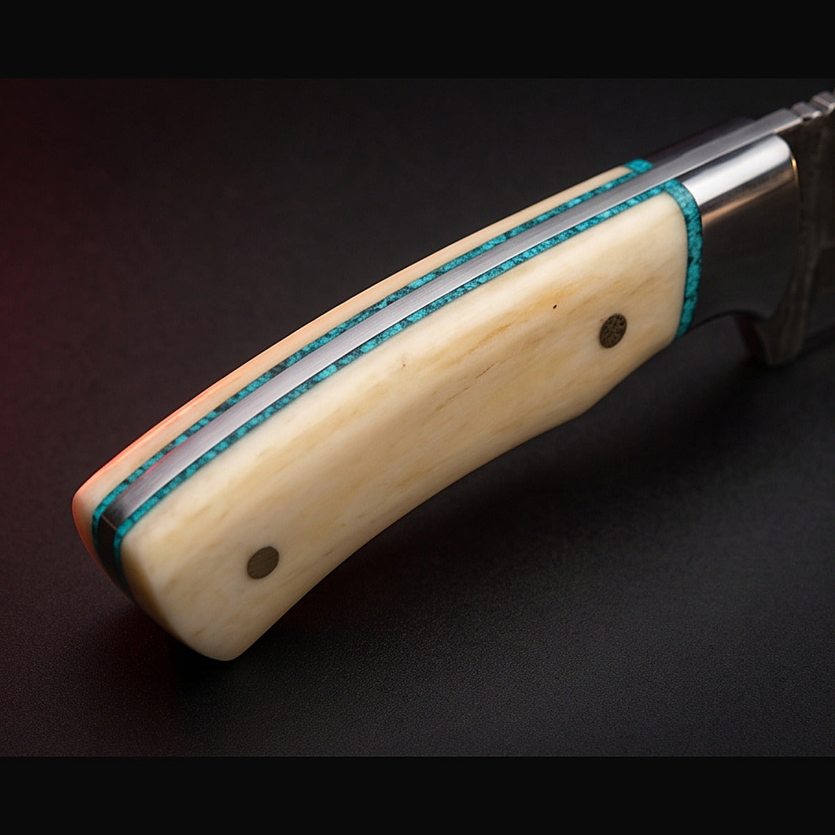 Damascus bull cutter knife with bone and turquoise handle, handle close up