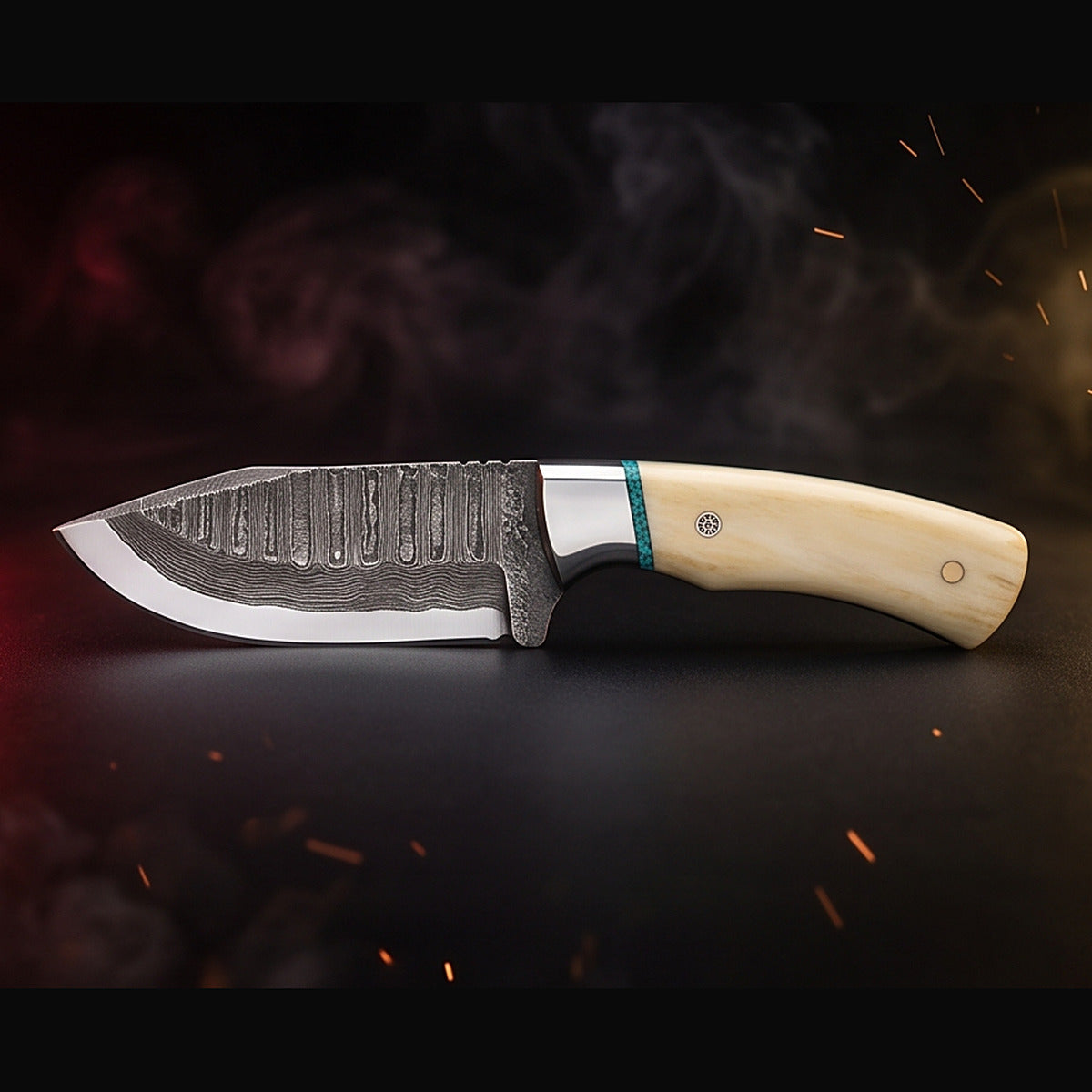Damascus bull cutter knife with bone and turquoise handle, right side profile