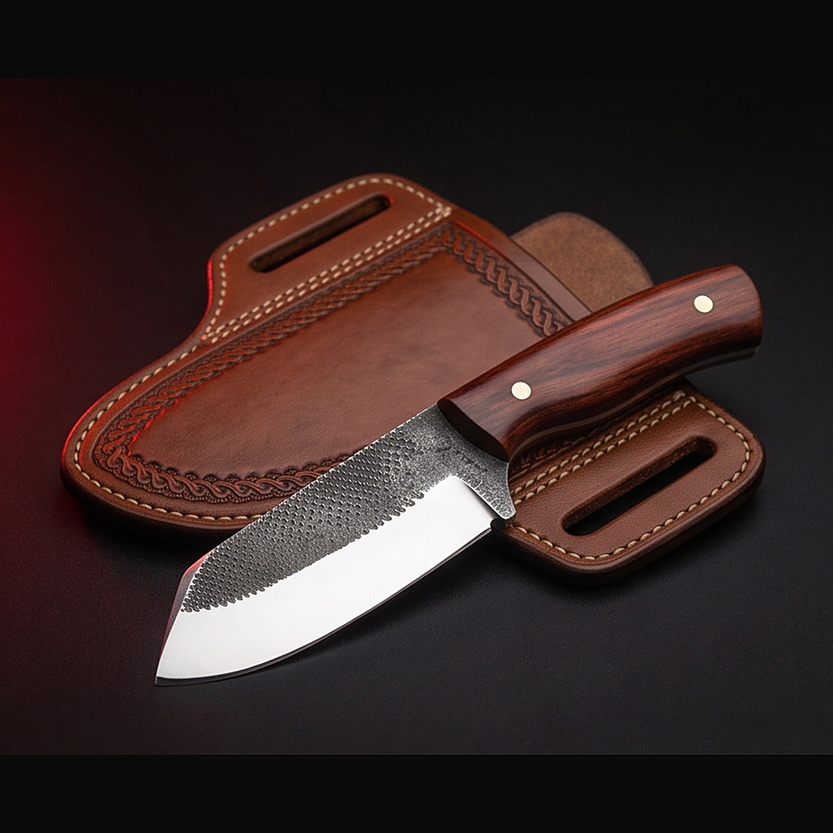rasp steel bull cutter knife with rosewood handle and tooled pancake sheath