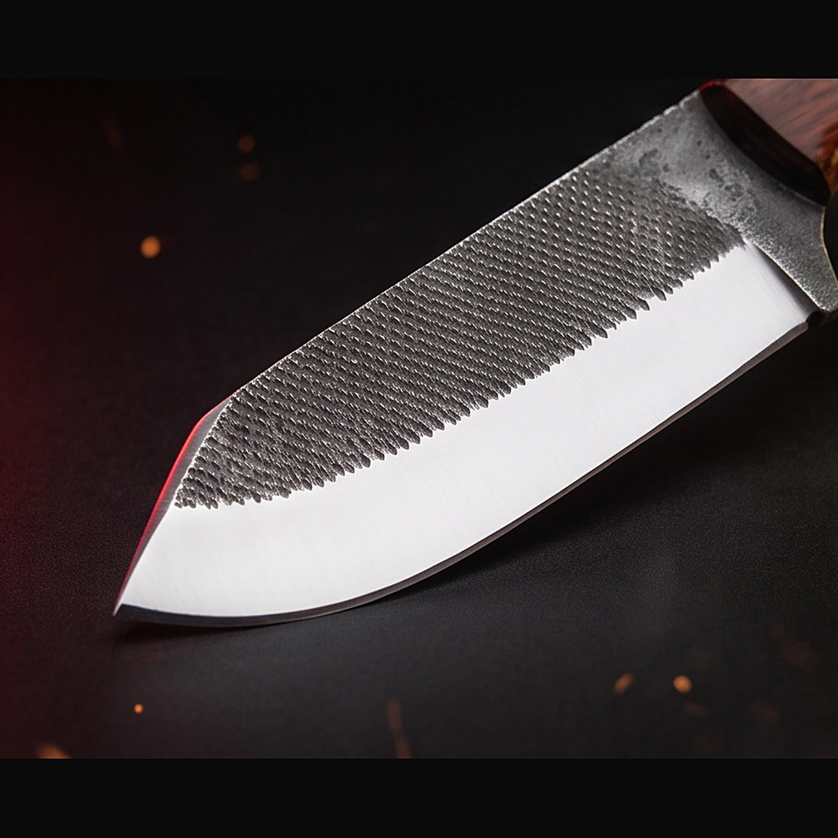 rasp steel bull cutter knife with rosewood handle, blade and cutting edge detail