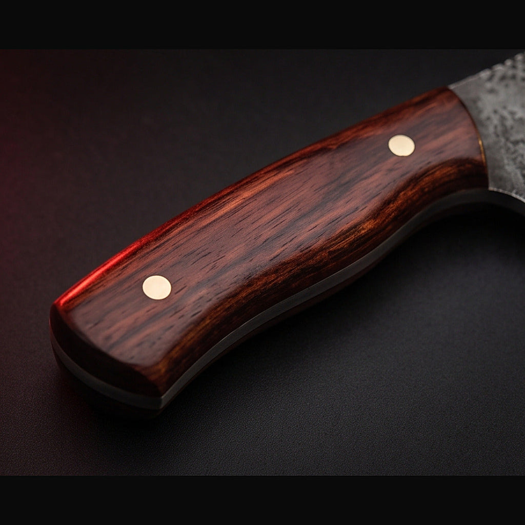 rasp steel bull cutter knife with rosewood handle, handle close up