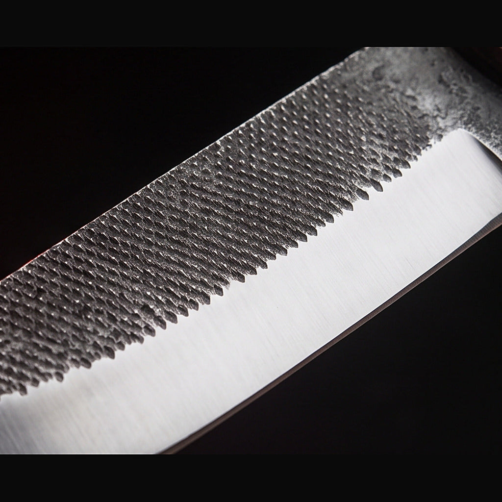 rasp steel bull cutter knife with rosewood handle, blade surface macro