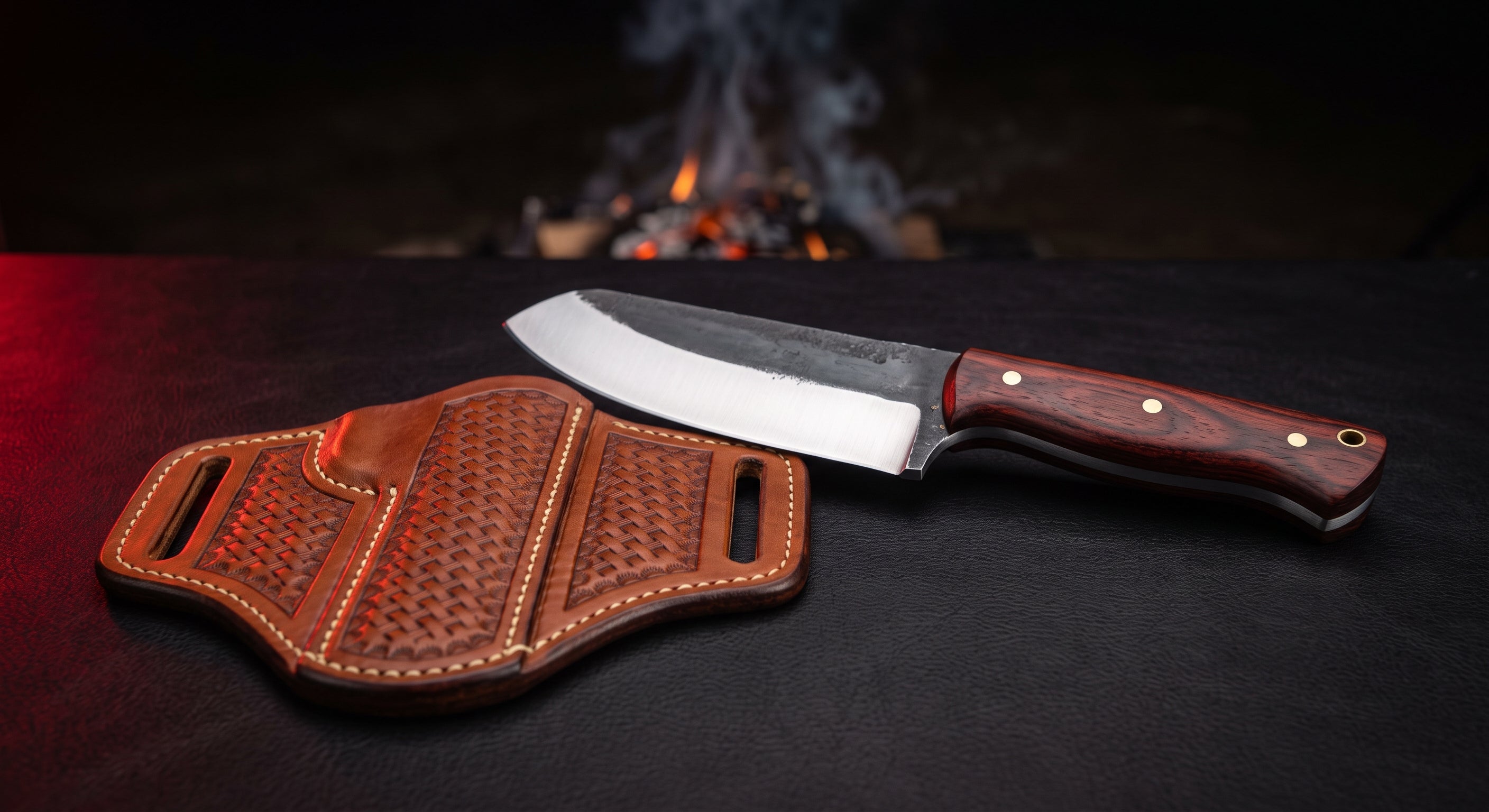 Hand forged cowboy bull cutter knife with a deep belly and rounded tip, rosewood handle and a basket weave pancake sheath