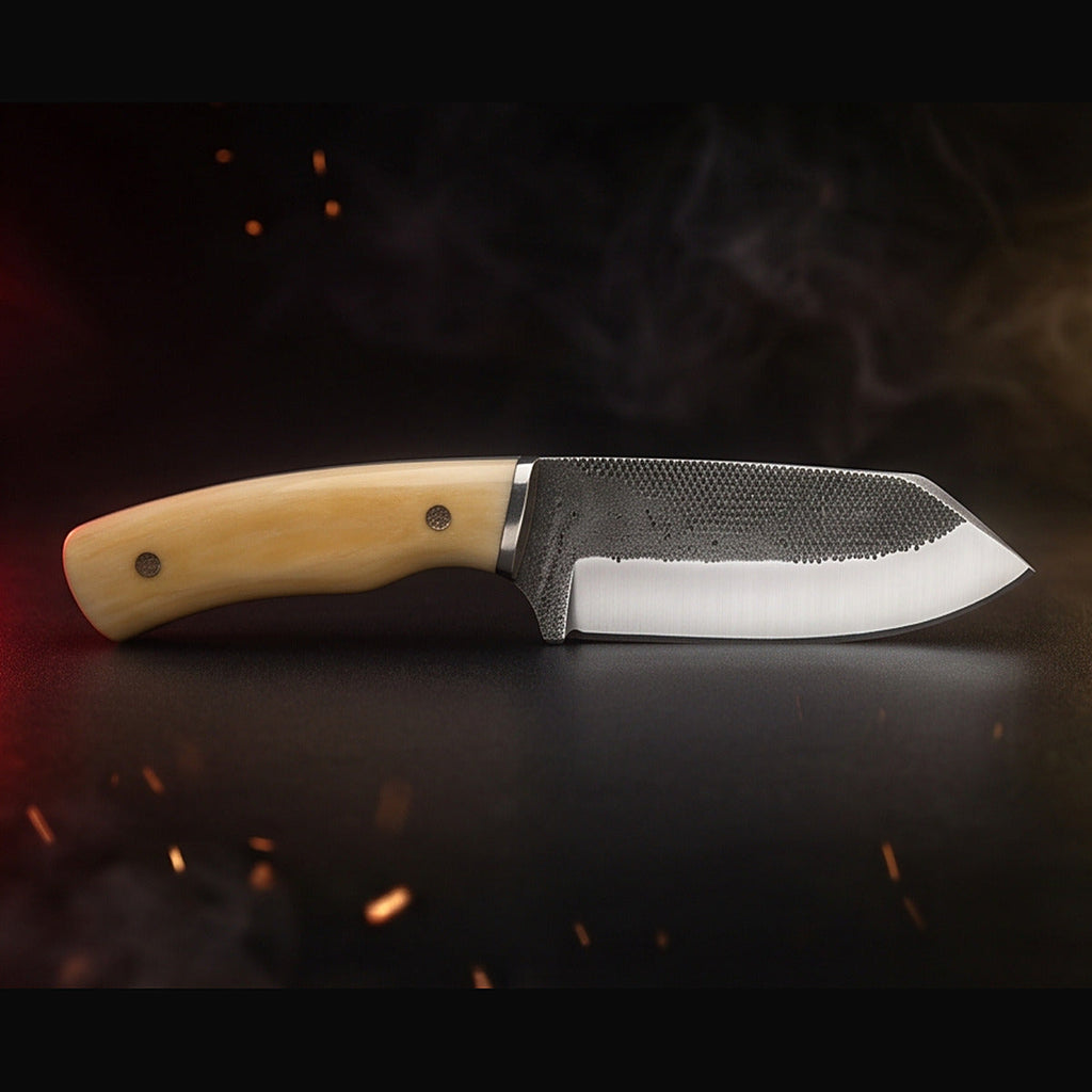 rasp steel bull cutter knife with white bone handle, left side profile