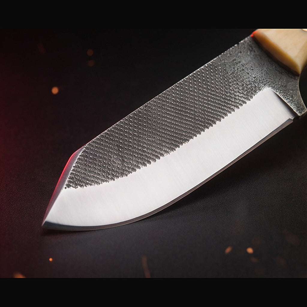 rasp steel bull cutter knife with white bone handle, blade and cutting edge detail
