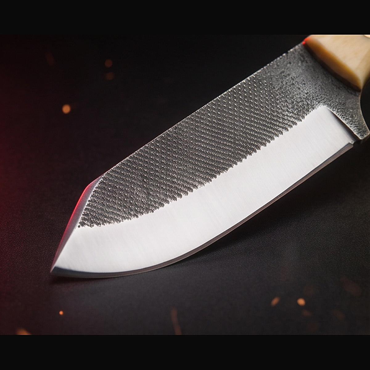 rasp steel bull cutter knife with white bone handle, blade and cutting edge detail