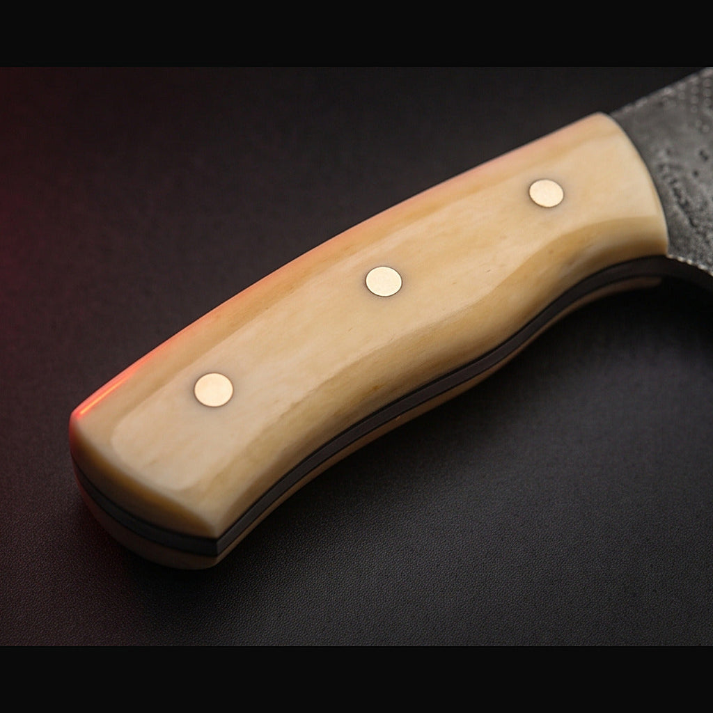 rasp steel bull cutter knife with white bone handle, handle close up