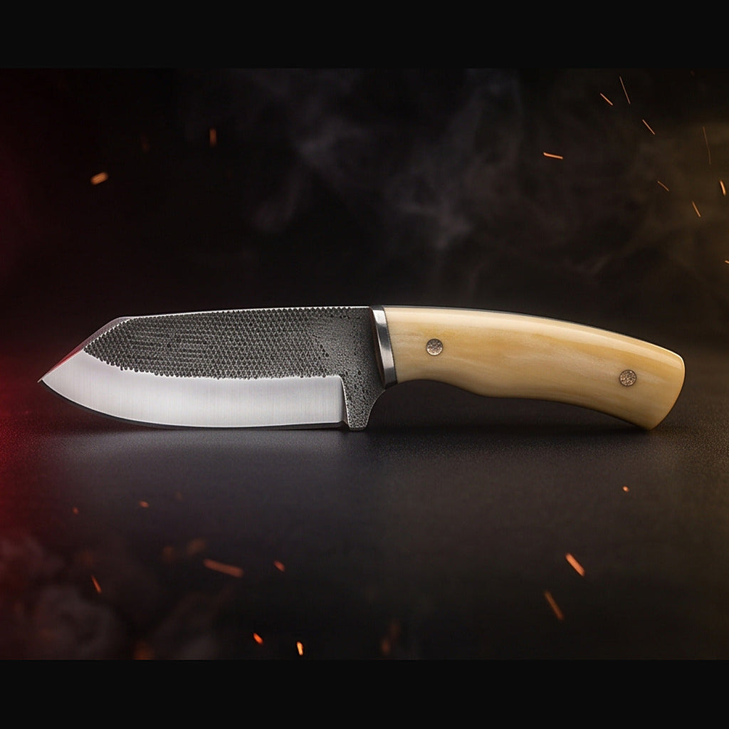 rasp steel bull cutter knife with white bone handle, right side profile