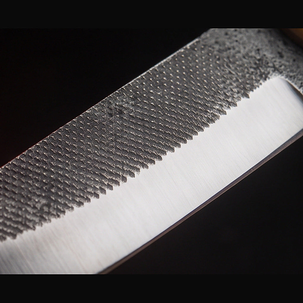 rasp steel bull cutter knife with white bone handle, blade surface macro