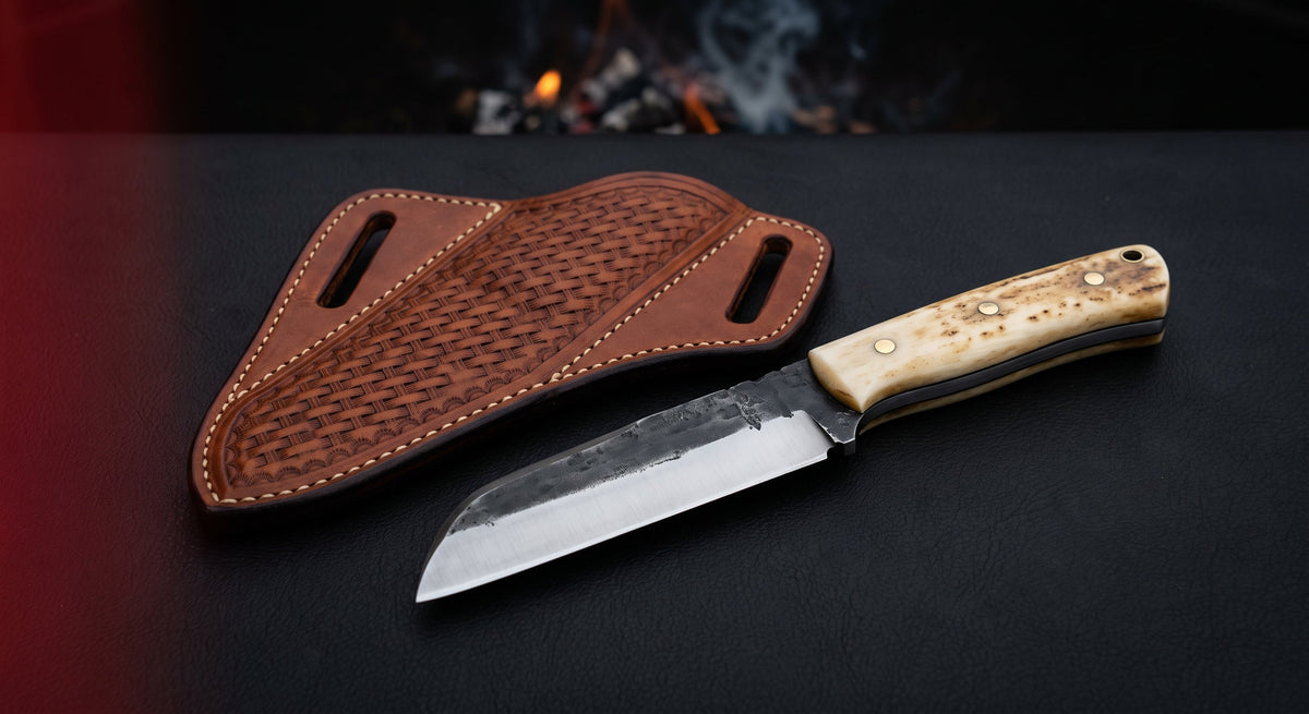 Hand forged cowboy sheepfoot knife with a straight edge, camel bone handle and a basket weave pancake sheath