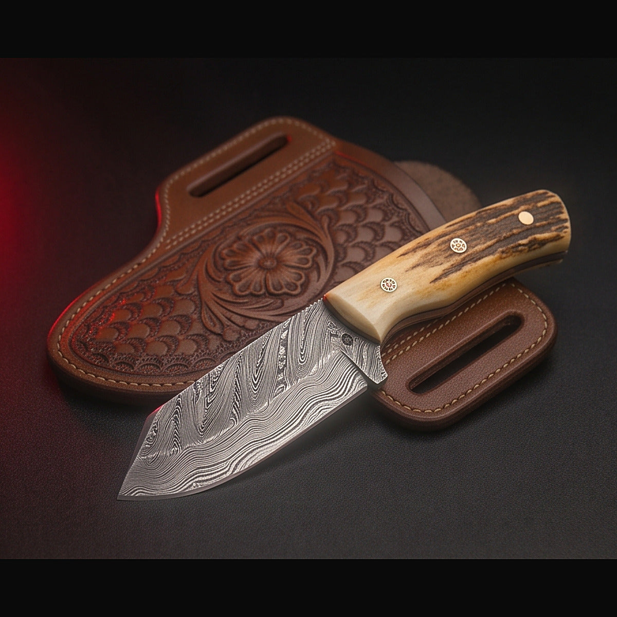 Damascus bull cutter knife with stag horn handle and tooled pancake sheath