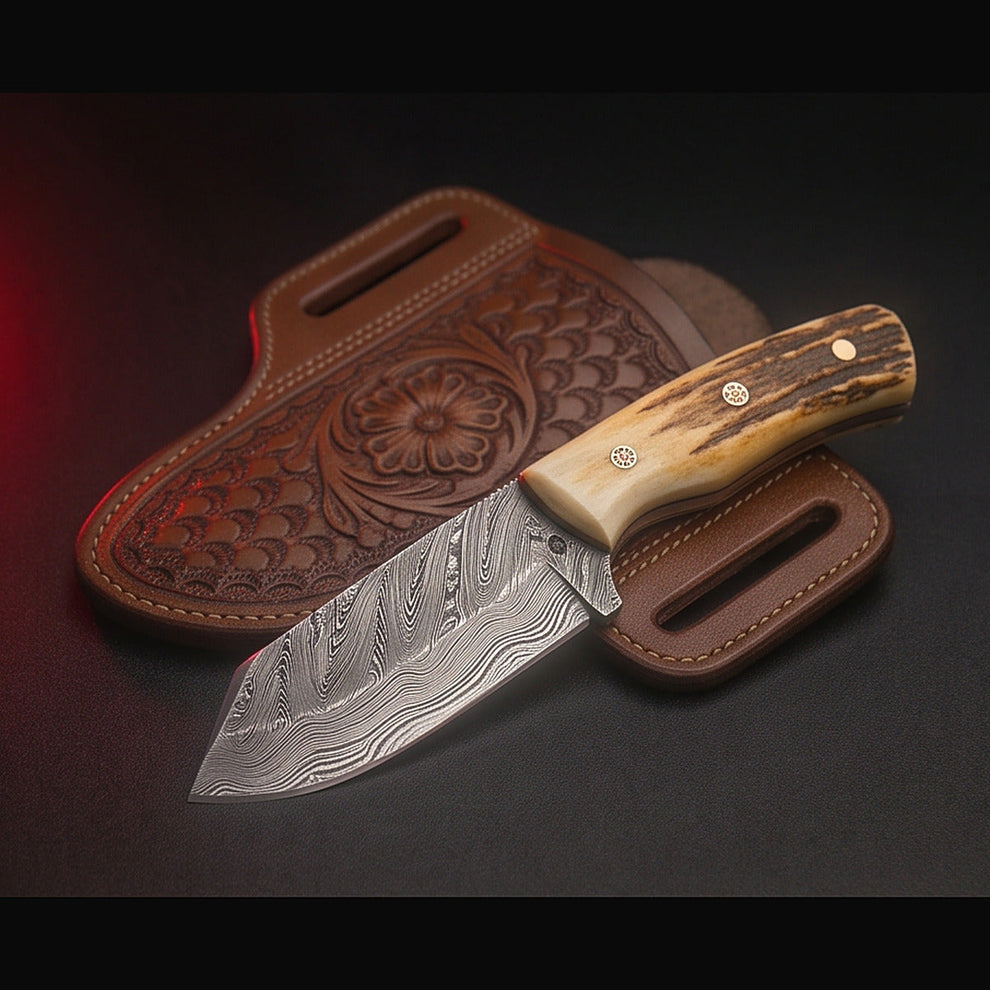 Damascus bull cutter knife with stag horn handle and tooled pancake sheath