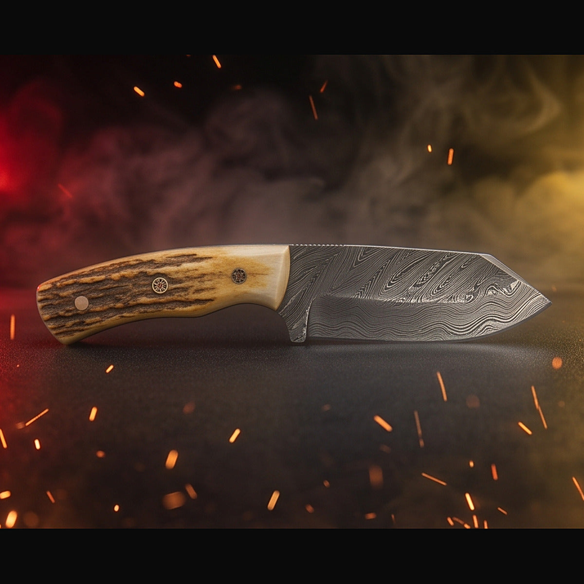 Damascus bull cutter knife with stag horn handle, left side profile