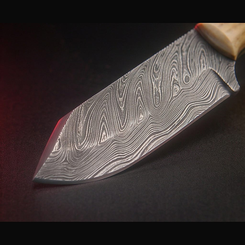 Damascus bull cutter knife with stag horn handle, blade and cutting edge detail