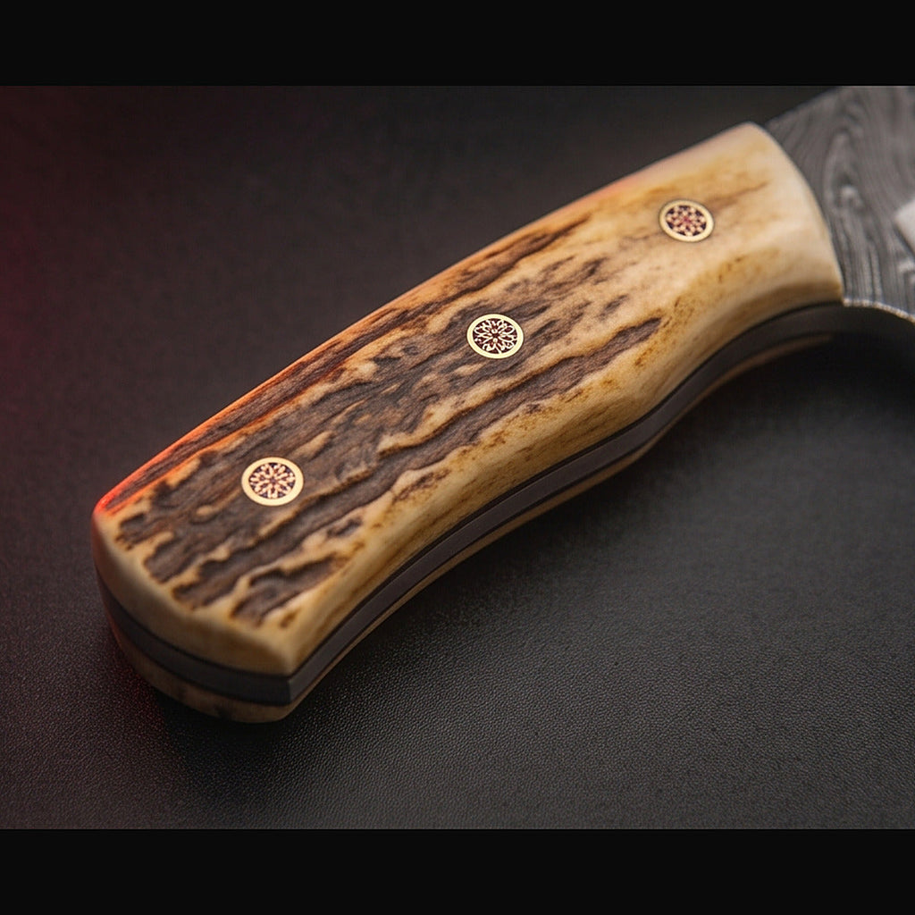 Damascus bull cutter knife with stag horn handle, handle close up