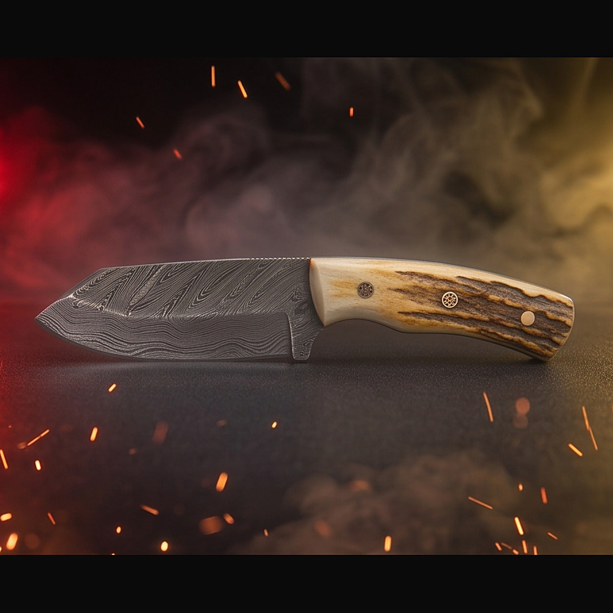 Damascus bull cutter knife with stag horn handle, right side profile