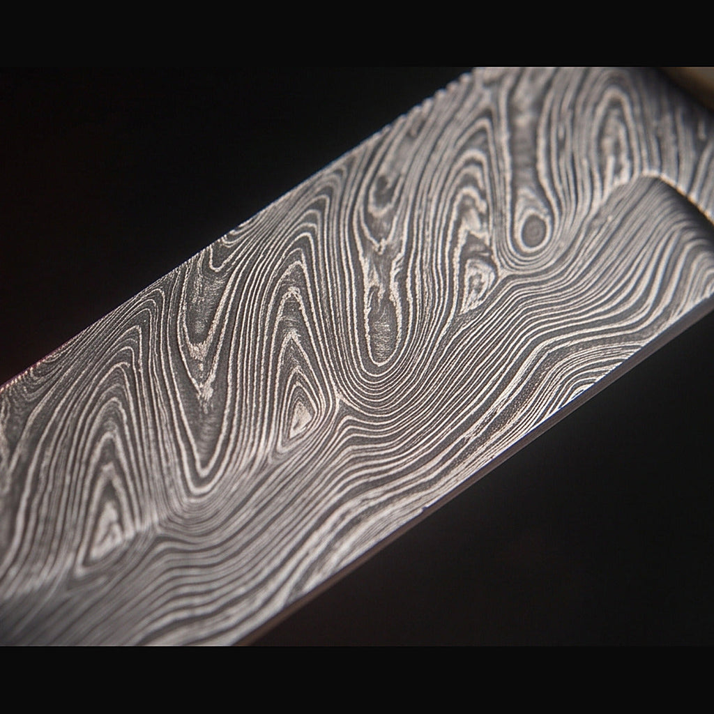 Damascus bull cutter knife with stag horn handle, blade surface macro