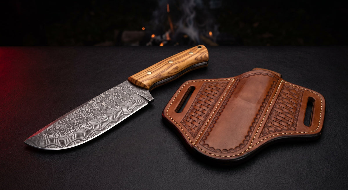 Damascus ranch knife with a raindrop pattern blade, deep belly, olive wood handle and a basket weave pancake sheath