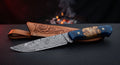 One of a kind Damascus hunting knife with a twist pattern blade and a stabilised burl and blue resin handle with mosaic pins