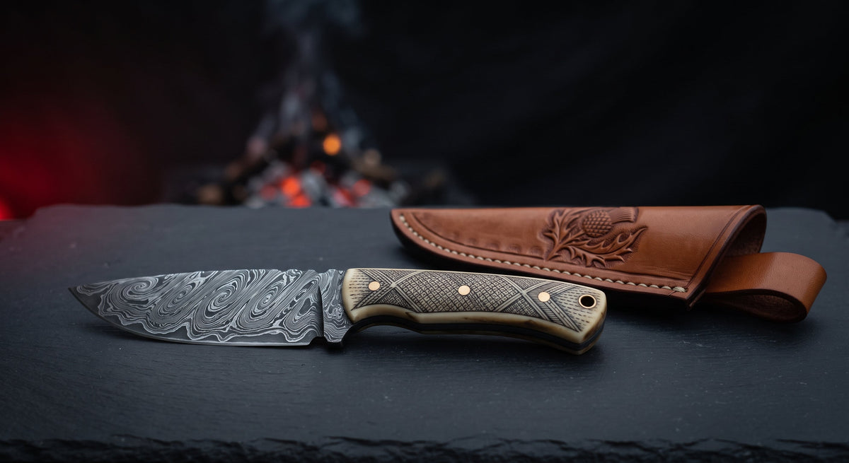 One of a kind Damascus skinner knife with a twist pattern blade and a scrimshawed camel bone handle