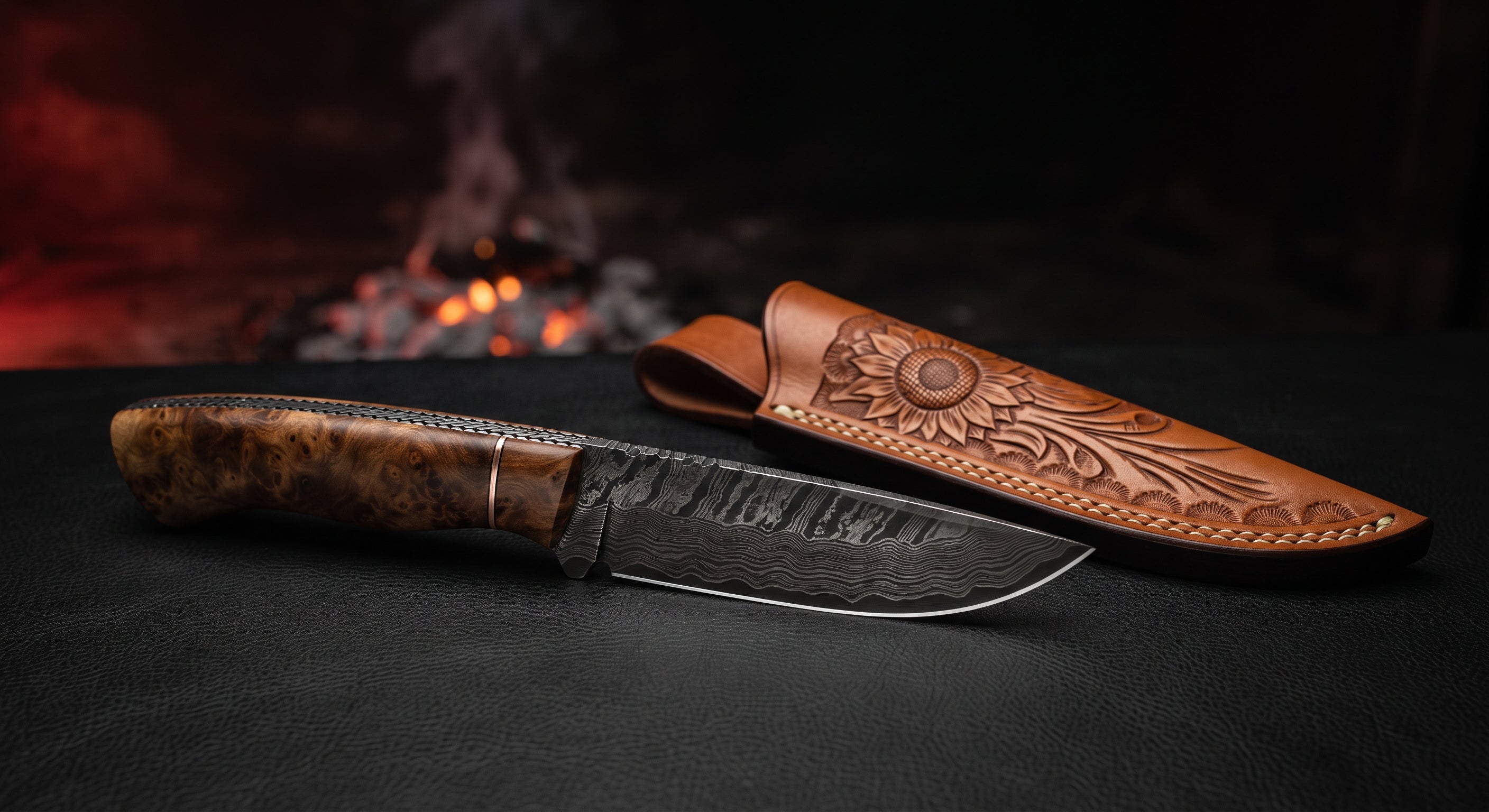 One of a kind Damascus hunting knife with a ladder pattern blade, desert ironwood burl handle and filework along the spine