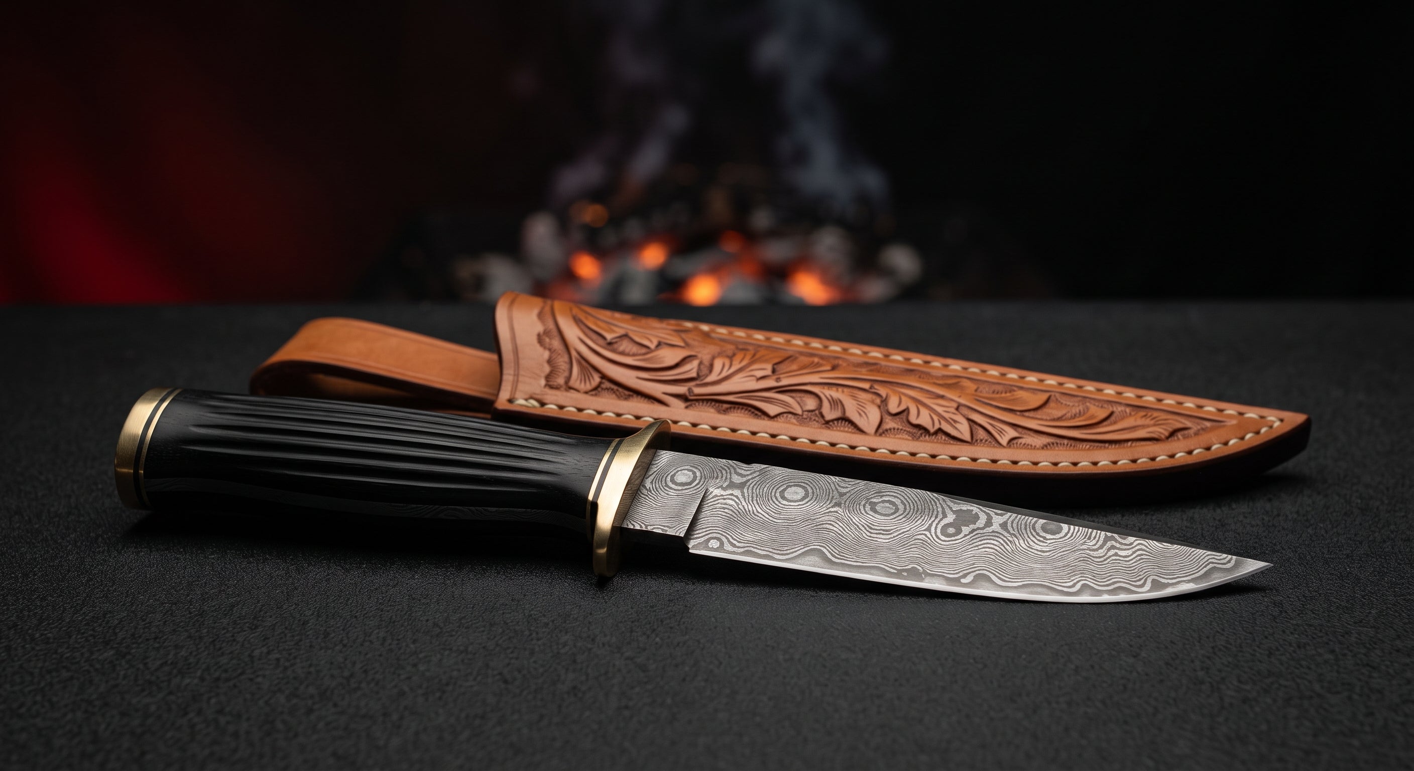 One of a kind Damascus dagger with a raindrop pattern blade, fluted black ebony grip and a brass guard