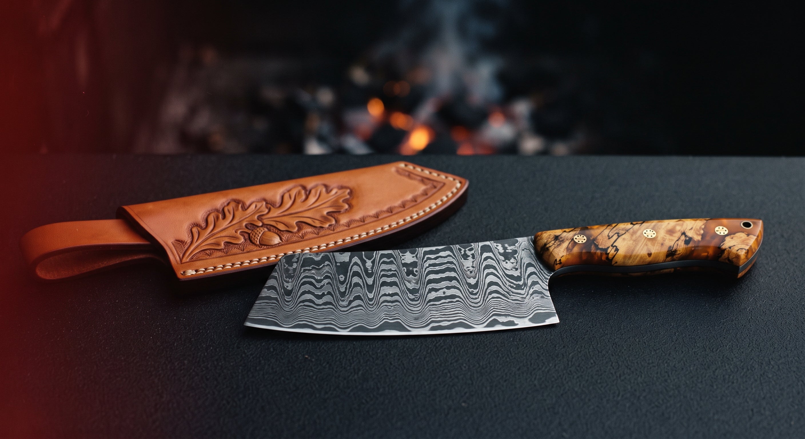 One of a kind Damascus cleaver with a ladder pattern blade and a stabilised spalted maple and amber resin handle