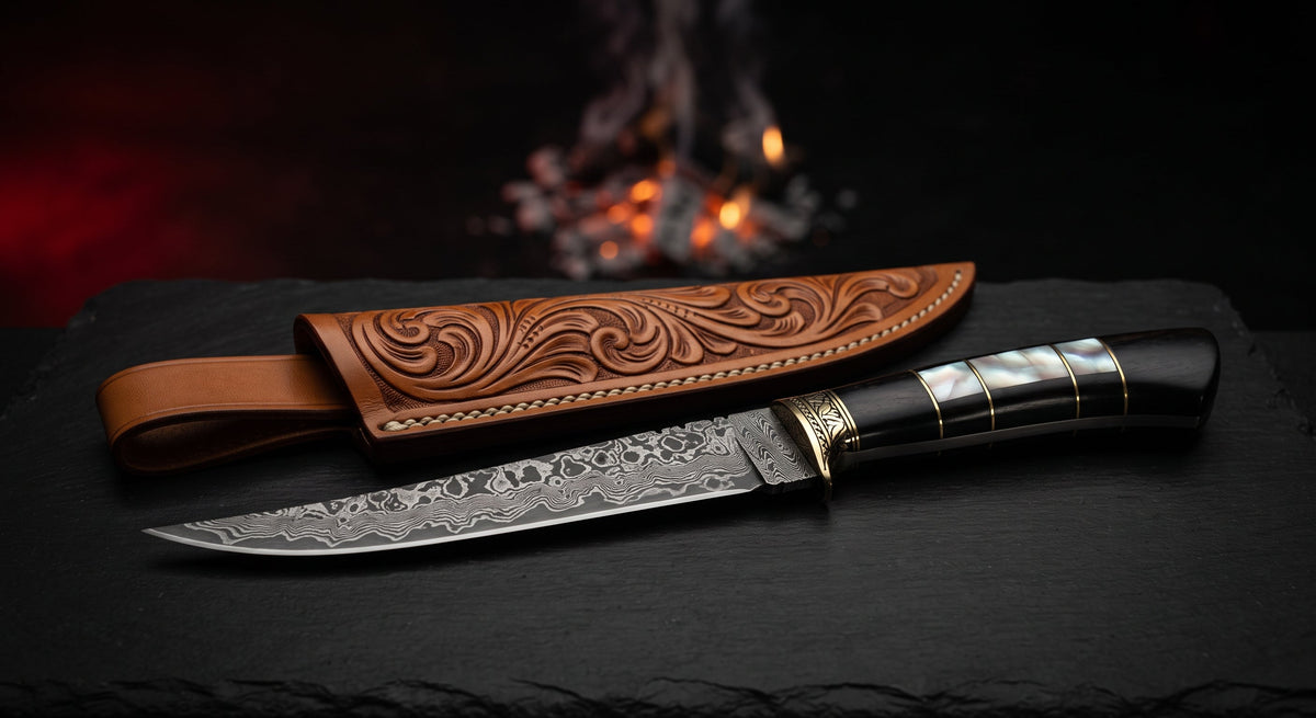 One of a kind Damascus fillet knife with a twist pattern blade and mother of pearl inlaid into a dark ebony handle