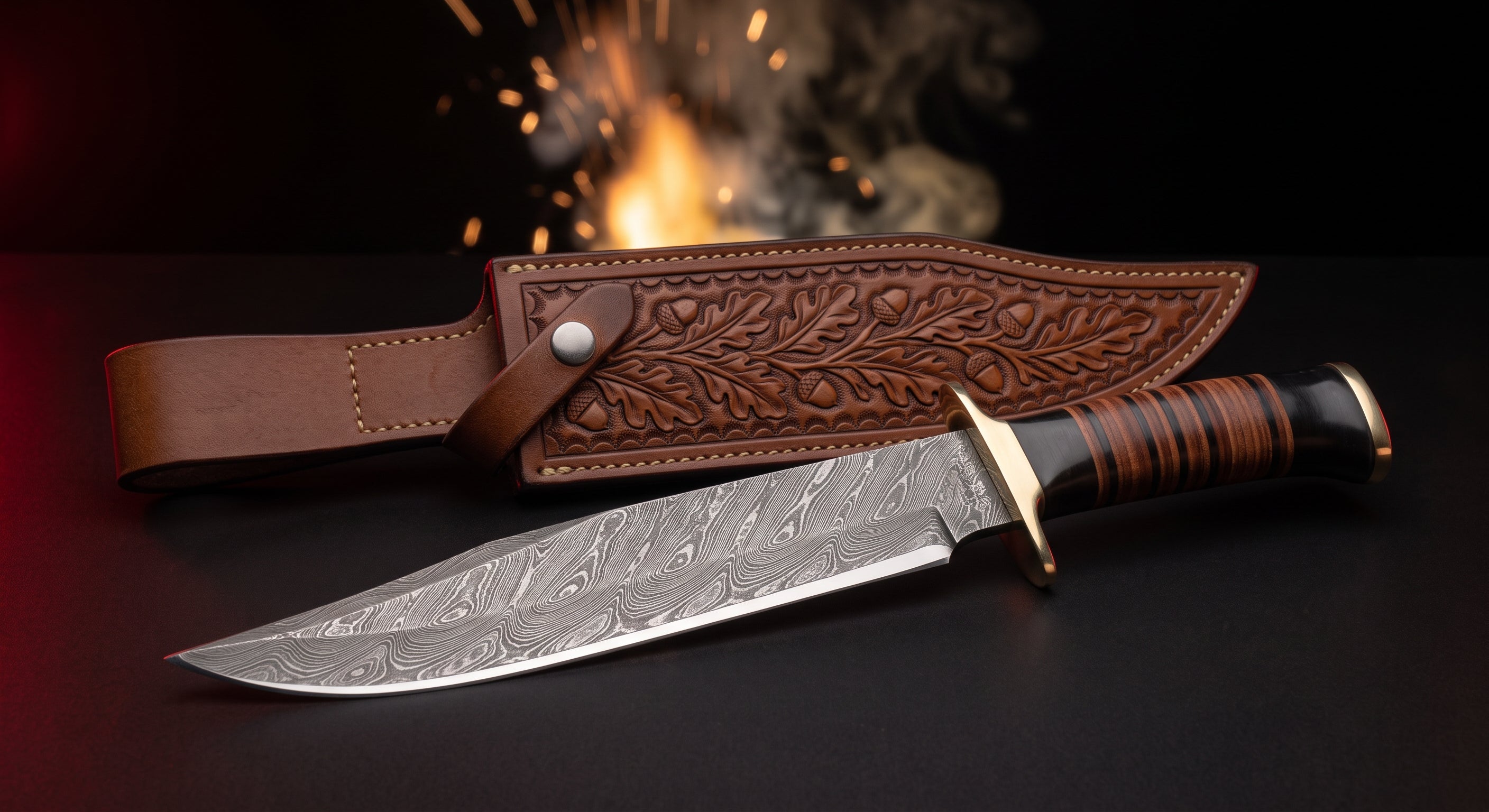 Damascus bowie knife with buffalo horn and stacked leather handle and tooled leather belt sheath