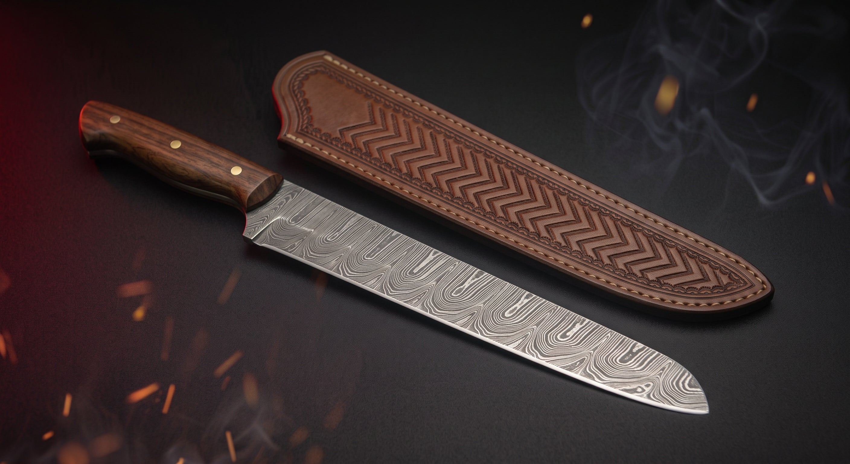 Damascus brisket slicer with rosewood handle and stamped leather sheath
