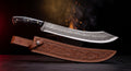 Damascus butcher cimeter with water buffalo horn handle and tooled leather sheath