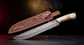 Damascus butcher knife with camel bone handle and tooled leather sheath