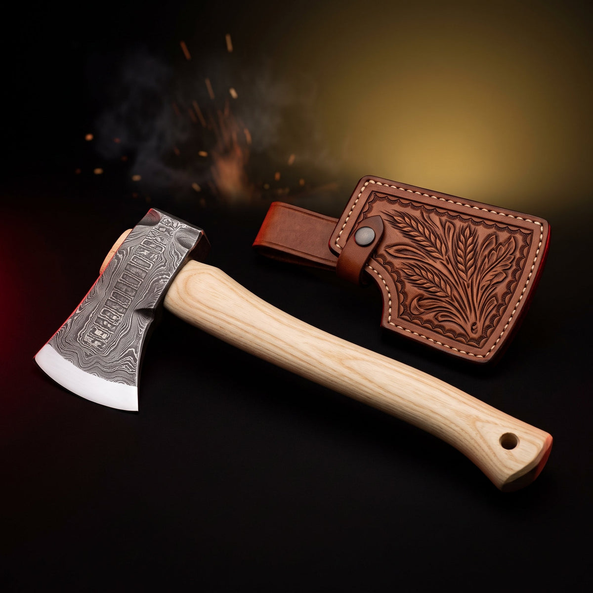 Damascus camp axe with hickory handle and tooled leather head cover