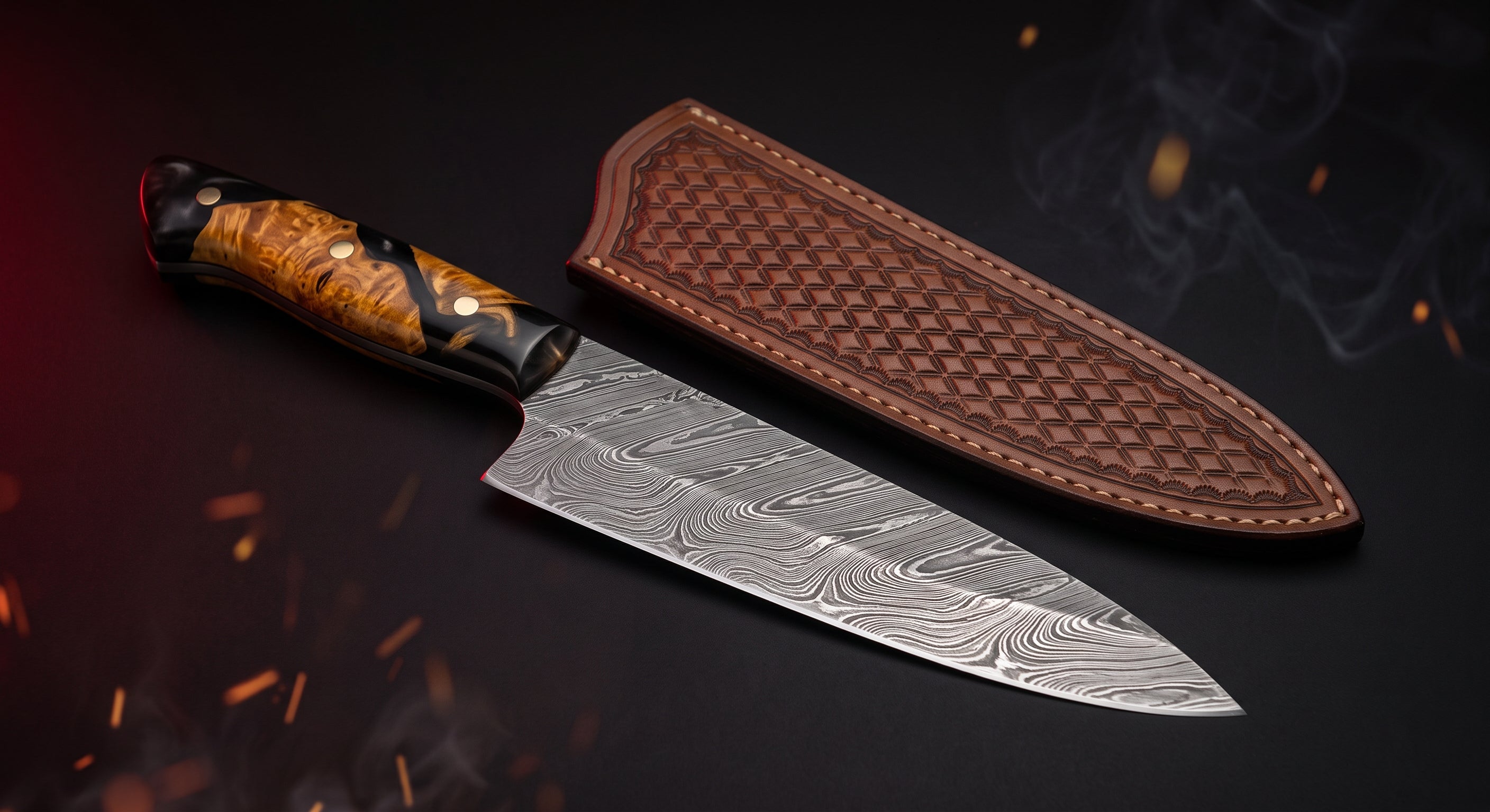 Damascus chef knife with burl wood and resin handle and stamped leather sheath