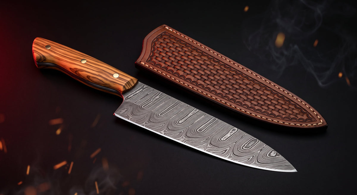 Damascus chef knife with olive wood handle and stamped leather sheath
