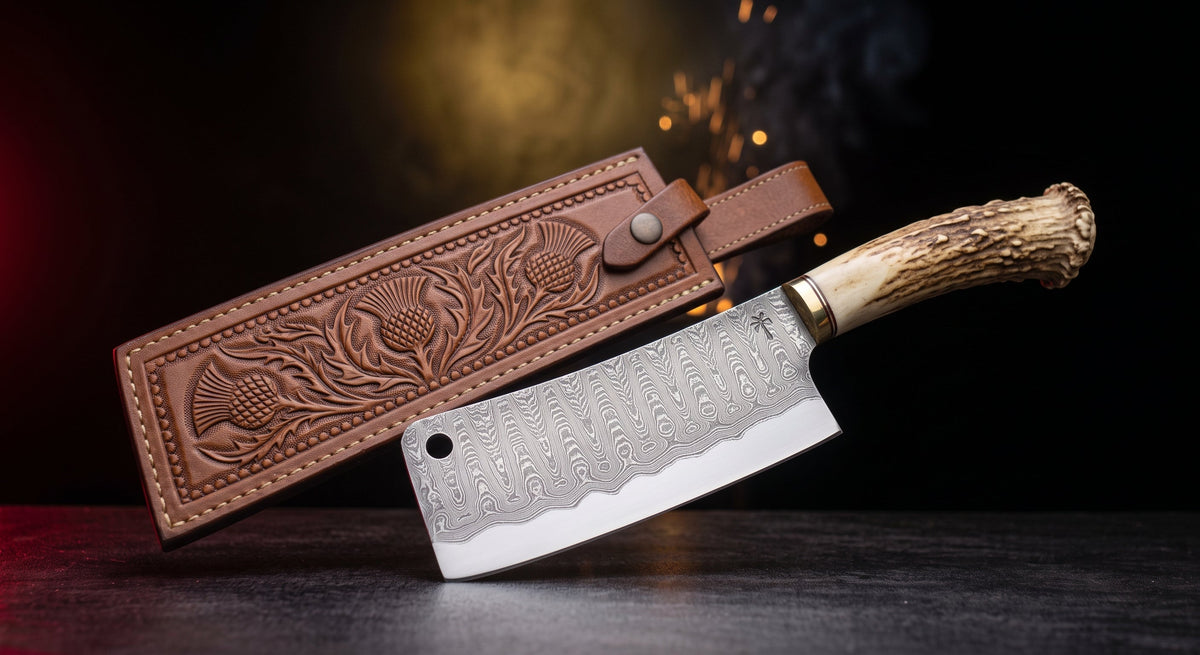Damascus cleaver with stag antler handle and tooled leather blade cover