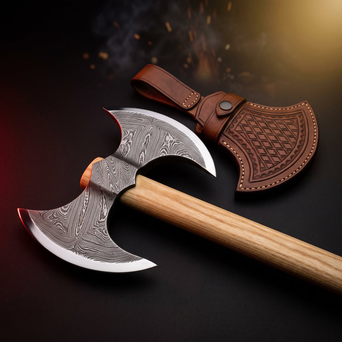 Damascus double headed viking axe with ash handle and tooled leather head cover