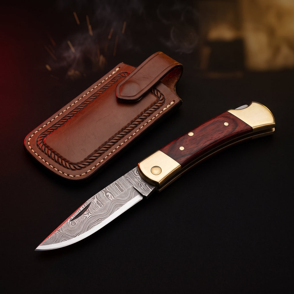 Damascus folding pocket knife with rosewood handle shown open beside its tooled leather pouch