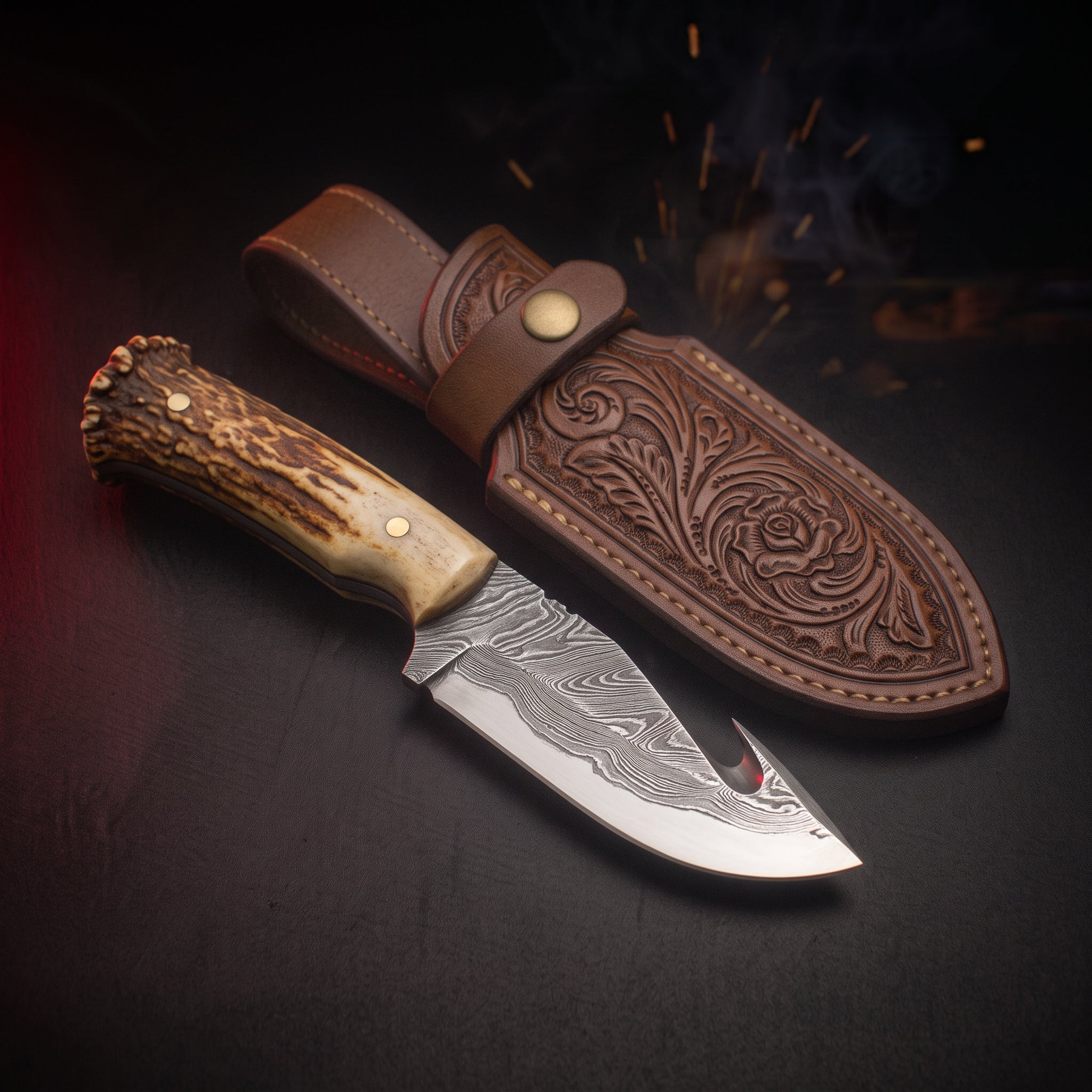 Damascus gut hook skinner knife with elk antler crown handle and carved leather belt sheath