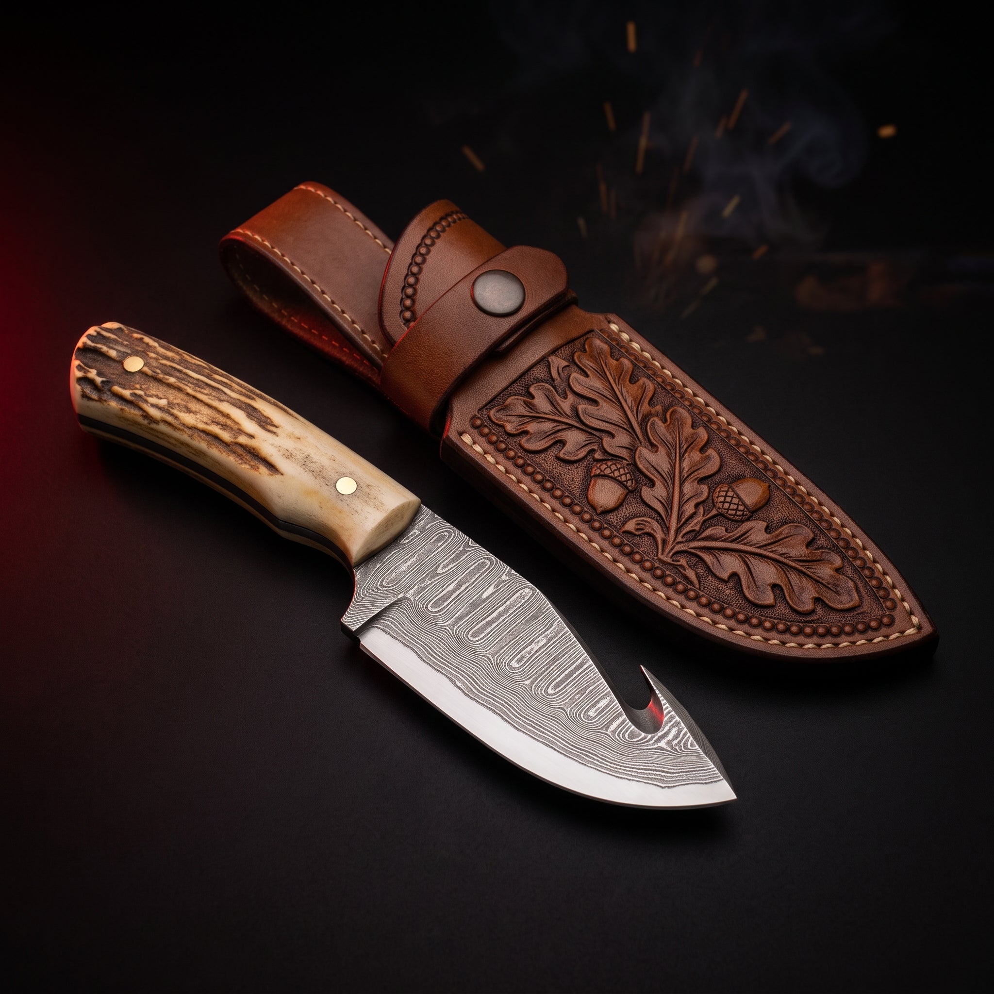 Damascus gut hook skinner knife with stag antler handle and tooled leather belt sheath