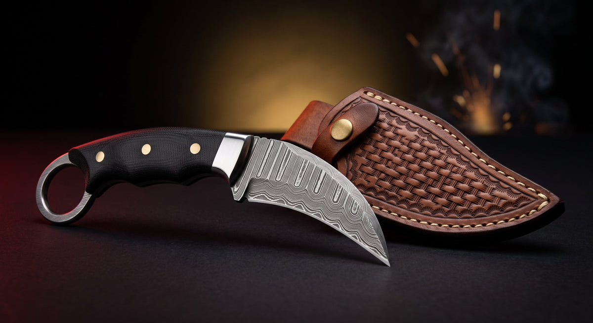 Damascus karambit knife with black micarta handle, steel bolster, finger ring and tooled leather sheath