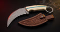 Damascus karambit knife with camel bone and turquoise handle, finger ring and hand carved leather sheath