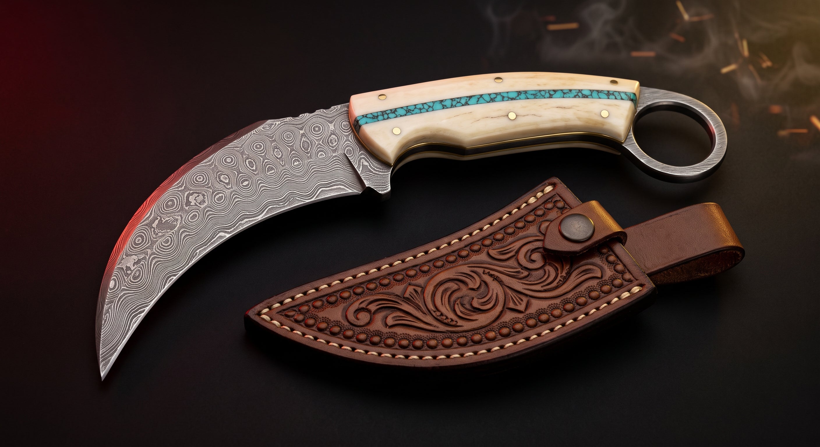 Damascus karambit knife with camel bone and turquoise handle, finger ring and hand carved leather sheath